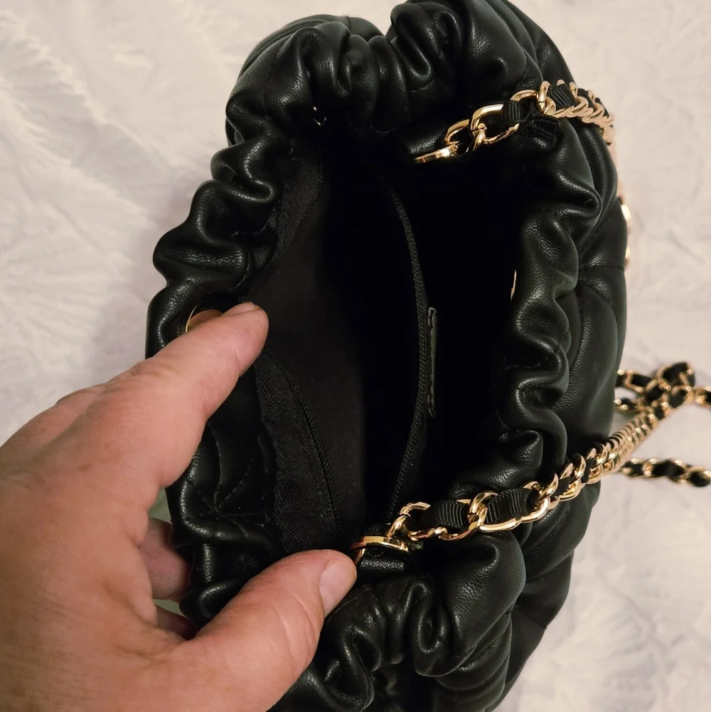 A New Day Black Quilted Vegan Leather Ruched Hobo Pouch Small Shoulder Bag